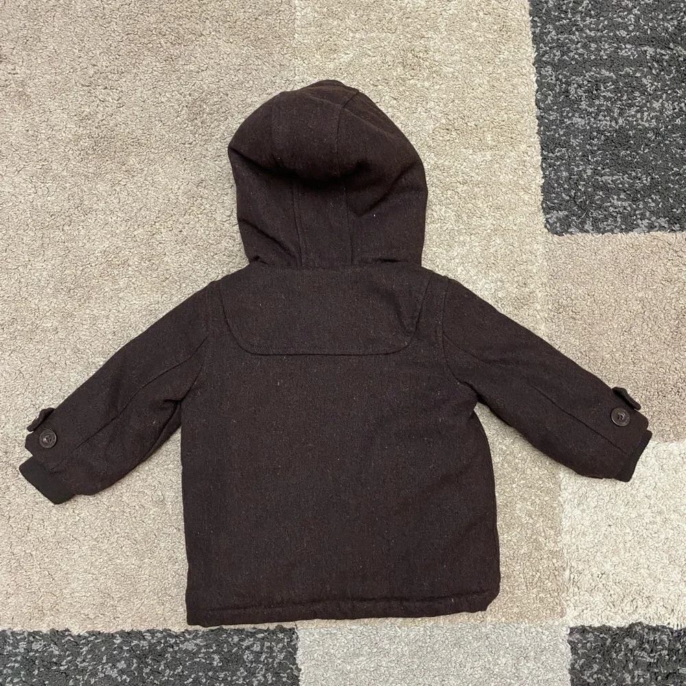 TIMBERLAND chocolate brown wool blend button down hooded coat size 12 month